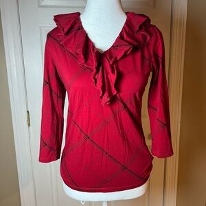 Ralph Lauren Womens Blouse S Red Plaid Ruffle V Neck Stretch 3/4 Sleeve Top